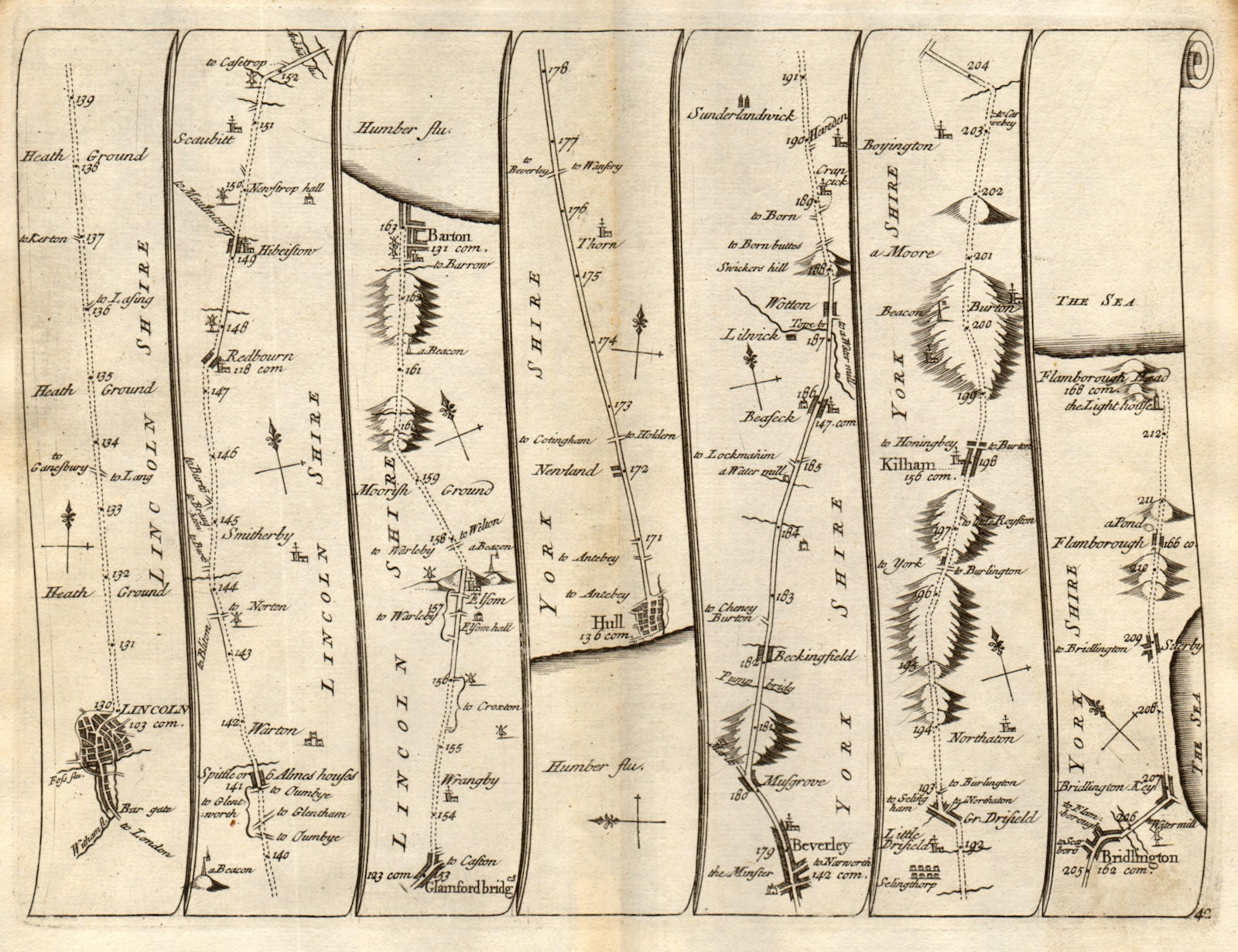 Lincoln Hull Beverley Scarborough Bridlington Flamborough SENEX 42 road map 1719